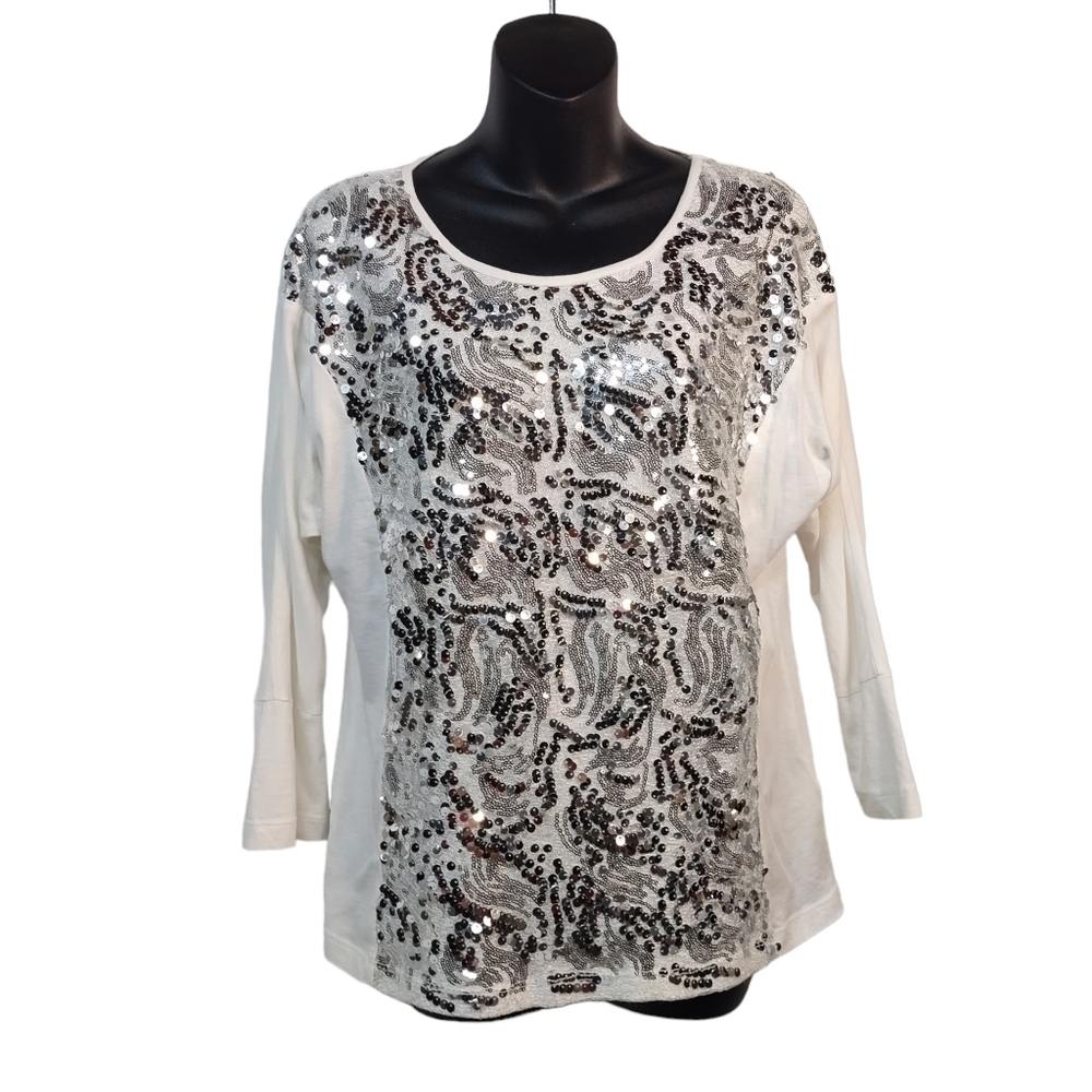 Rod'S Women's White Sequinced 3/4 Sleeves Top T-shirt Size M